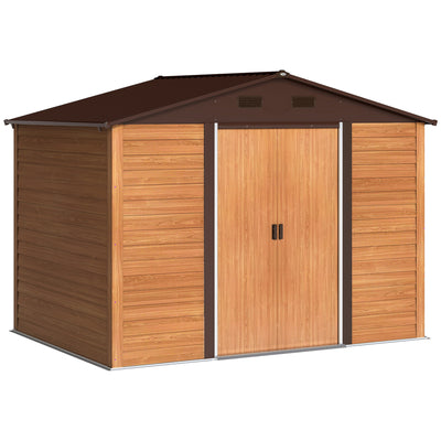 Outsunny 9 x 6ft Galvanised Steel Shed - Brown Wood-Effect 