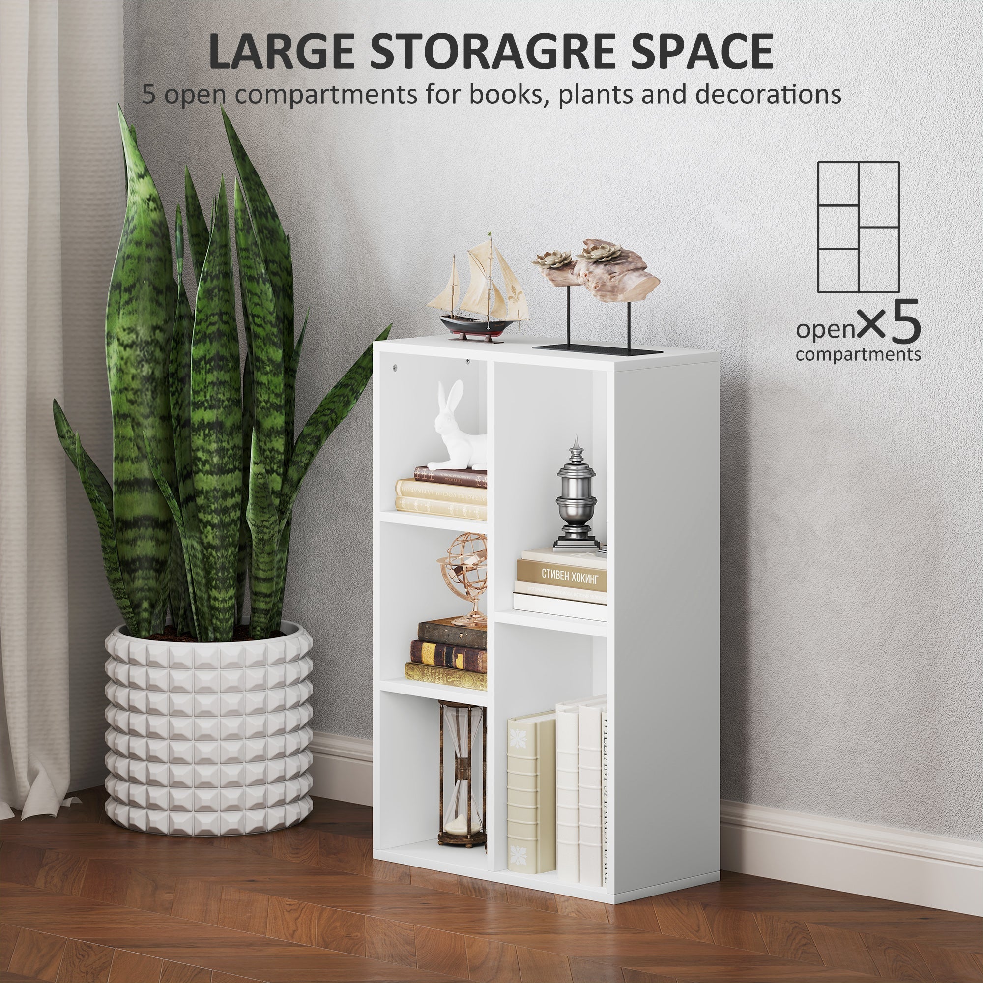 HOMCOM 2-Tier Bookshelf with 5 Compartments - White 