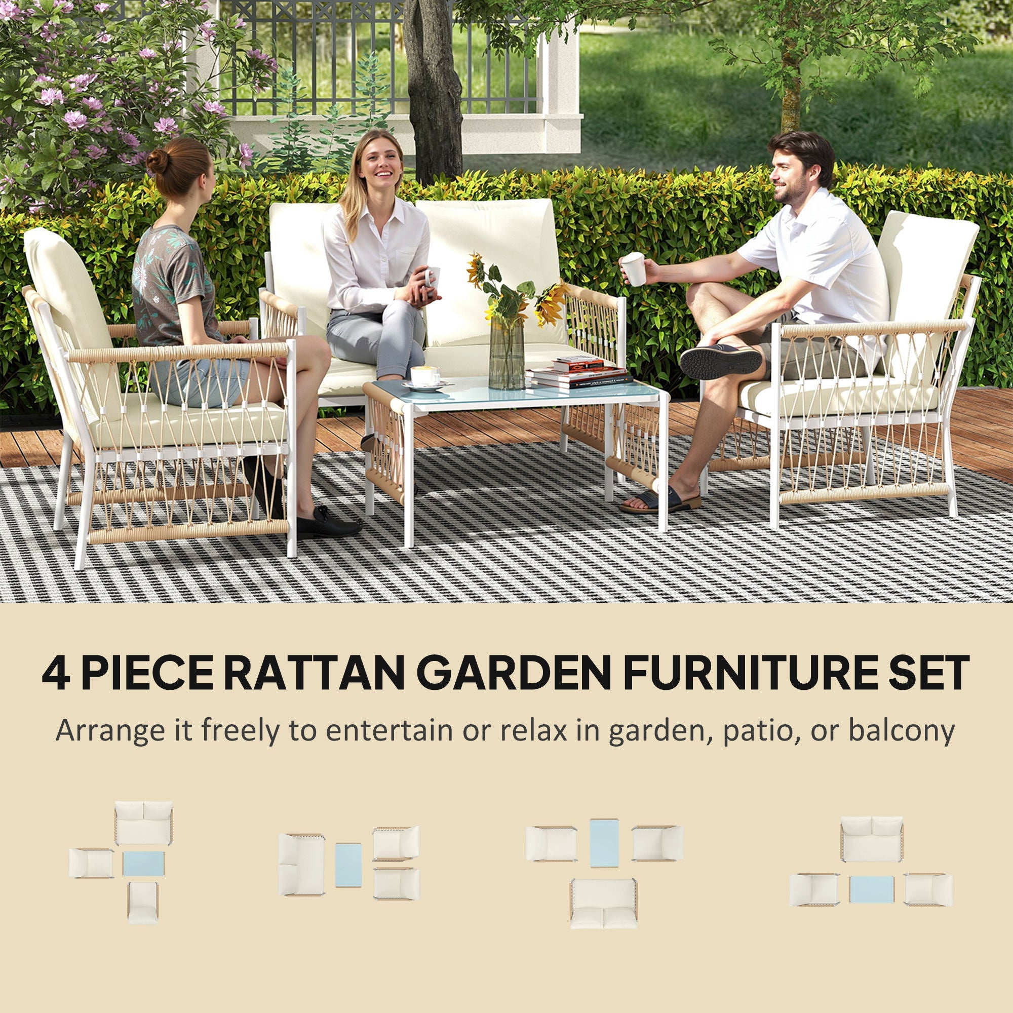 Outsunny 4 Piece Rattan Garden Furniture Set, 4 Seater Wicker Patio Conversation Set with 2 Armchairs, Loveseat, Glass Top Coffee Table and Cushions for Outdoor, Balcony, Khaki 