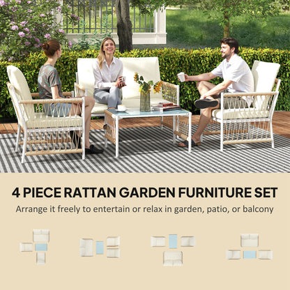 Outsunny 4 Piece Rattan Garden Furniture Set, 4 Seater Wicker Patio Conversation Set with 2 Armchairs, Loveseat, Glass Top Coffee Table and Cushions for Outdoor, Balcony, Khaki 