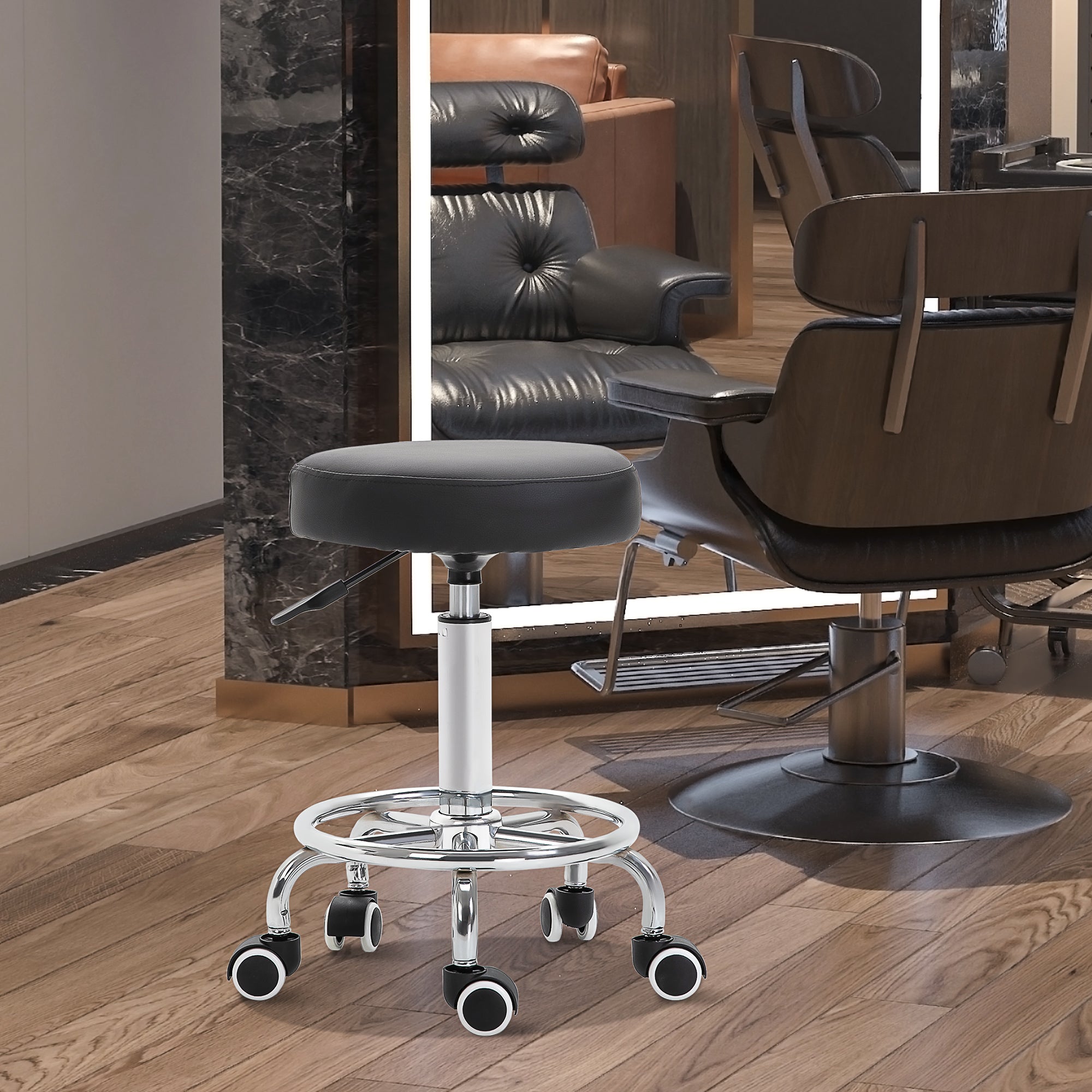 Vinsetto Round Rolling Stool, PU Leather Height Adjustable Stool Chair with Wheels and Swivel Seat for Salon, Massage, Spa, Home Kitchen, Black 