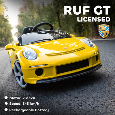 AIYAPLAY Kids Electric Car, 12V Licensed RUF GT Ride on Car with Suspension, Remote Control, Music for 3-5 Years Yellow 