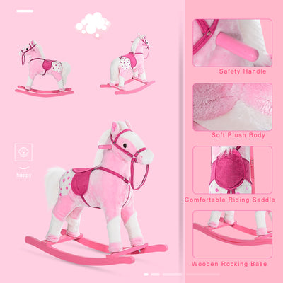 HOMCOM Baby Rocking Horse Plush Ride on Animals Rocker with Sound Handle Grip for Kids 3-6 Years - Pink 