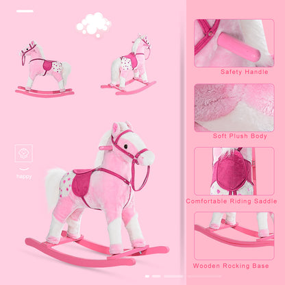 HOMCOM Baby Rocking Horse Plush Ride on Animals Rocker with Sound Handle Grip for Kids 3-6 Years - Pink 