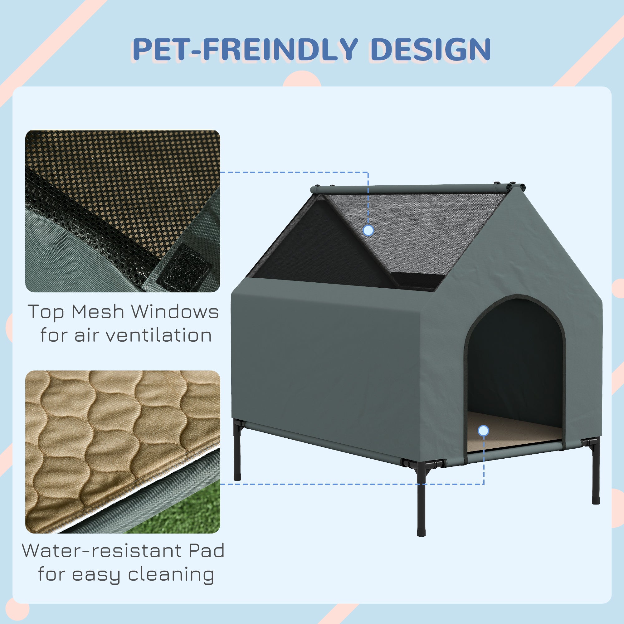 PawHut Dog House Outdoor Elevated Dog Bed with Removable Cover, Mesh Windows, Storage Bag, for S and M-Sized Dogs, Grey 