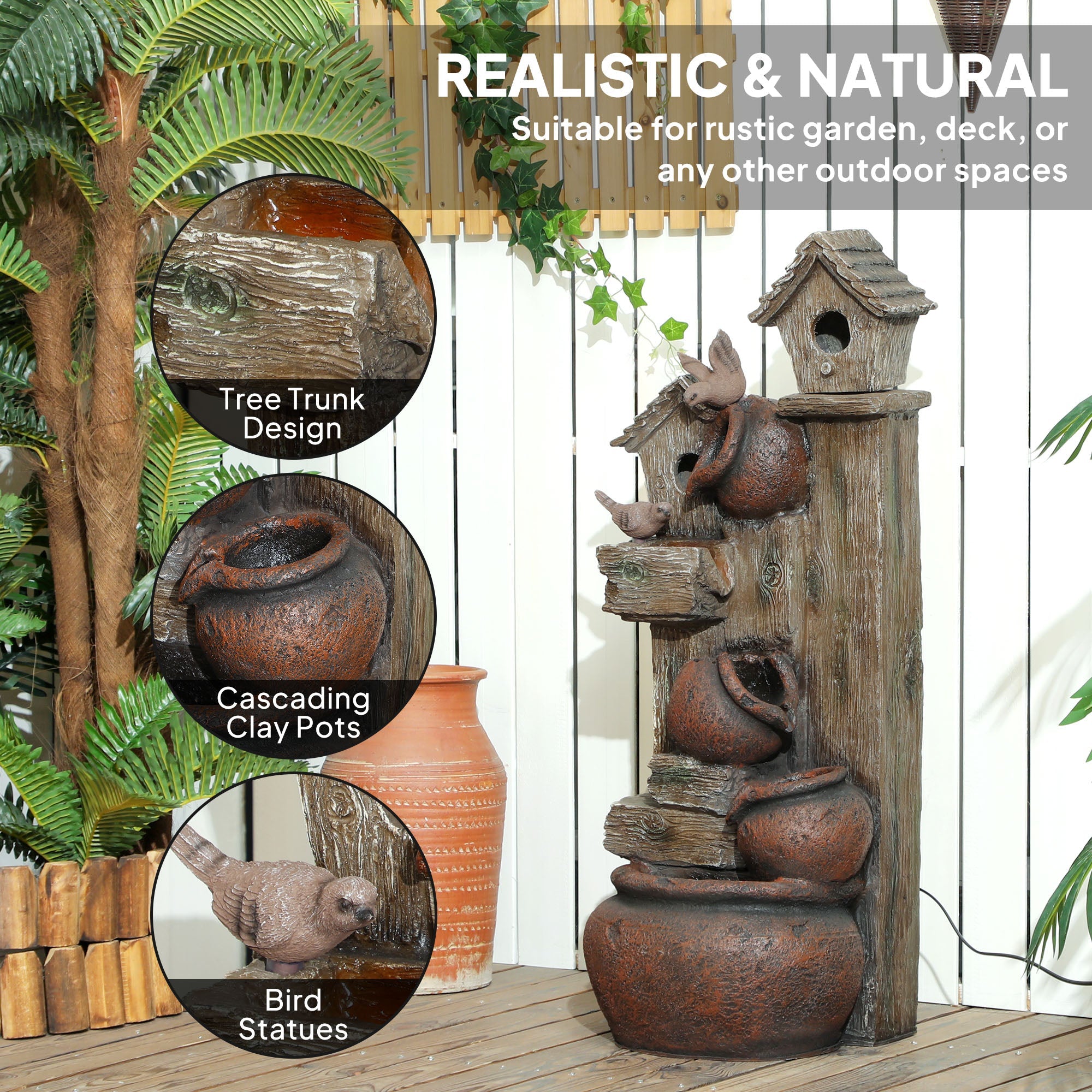 Outsunny 2-in-1 Waterfall Fountain with Birdhouse, Resin Garden Water Fountain with LED Lights Pump, Cascading Garden Water Feature with Tree Trunk Design, Multi-colour 