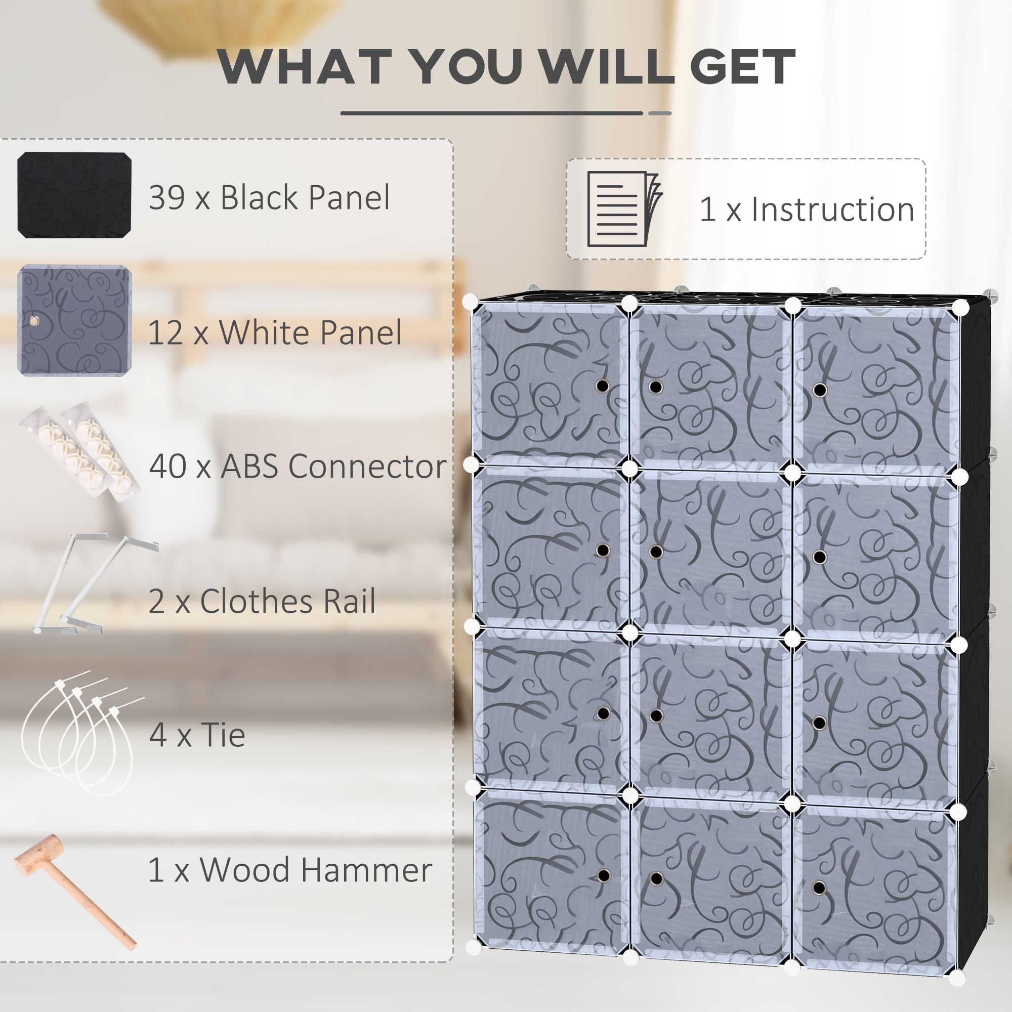 HOMCOM Portable Wardrobe for Bedroom, 12 Cube Closet with 2 Hanging Rails, Modular Storage Cabinet, Plastic Armoire for Space Saving, White and Black 