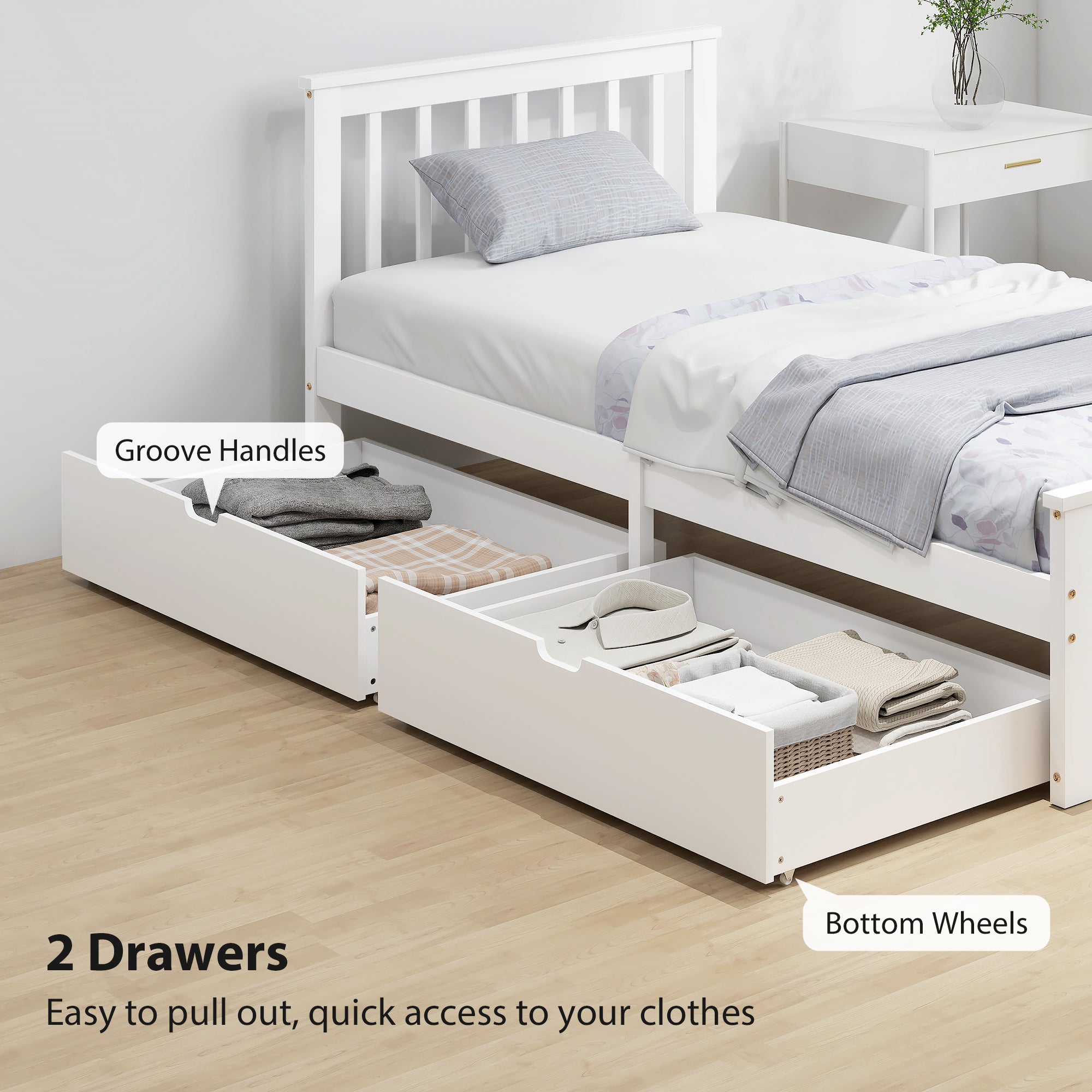 HOMCOM Wooden Single Bed Frame, with Drawers - White 