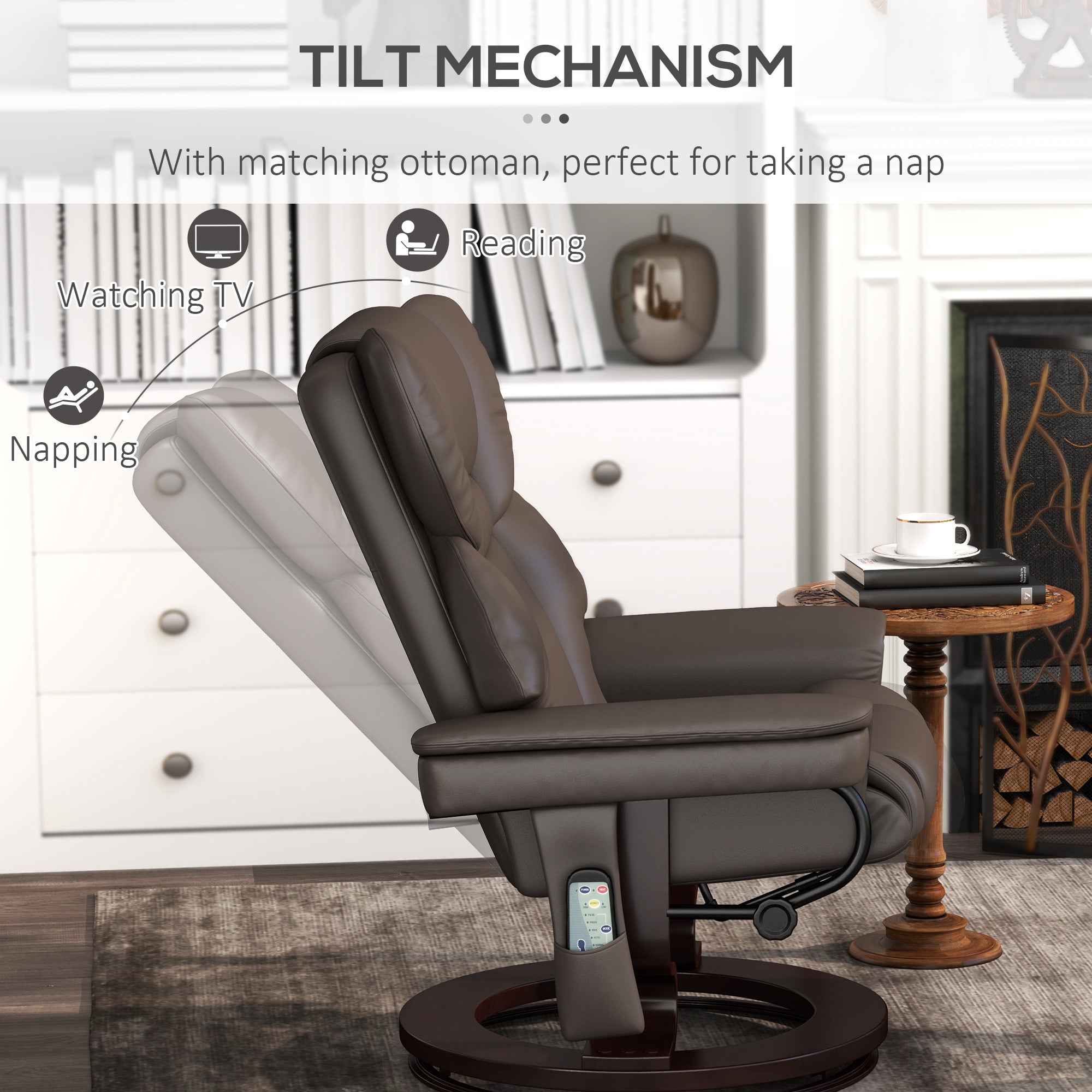 HOMCOM Massage Recliner Chair with Footstool, Upholstered Reclining Armchair with Adjustable Backrest, Steel Frame and Wood Base, Swivel Chair for Living Room, Bedroom, Brown 
