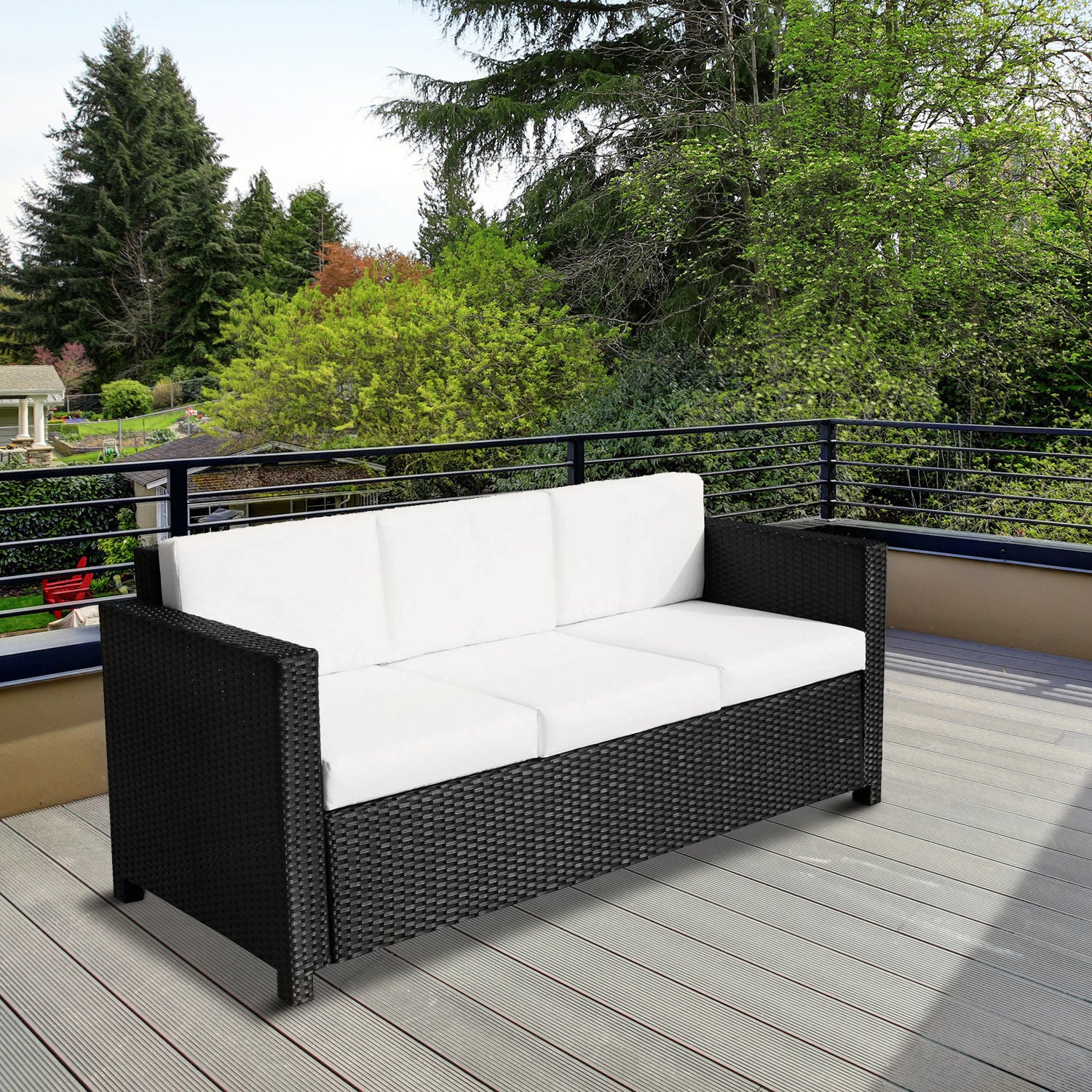 Outsunny 3 Seater Rattan Sofa All-Weather Wicker Weave Metal Frame Chair with Fire Resistant Cushion-Black 