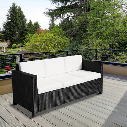 Outsunny 3 Seater Rattan Sofa All-Weather Wicker Weave Metal Frame Chair with Fire Resistant Cushion-Black 