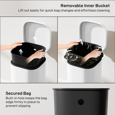 HOMCOM 30L Kitchen Bin, Compact Pedal Bin with Soft-Close and Stay-Open Lid, Removable Bucket for Kitchen, Home, Office, White 