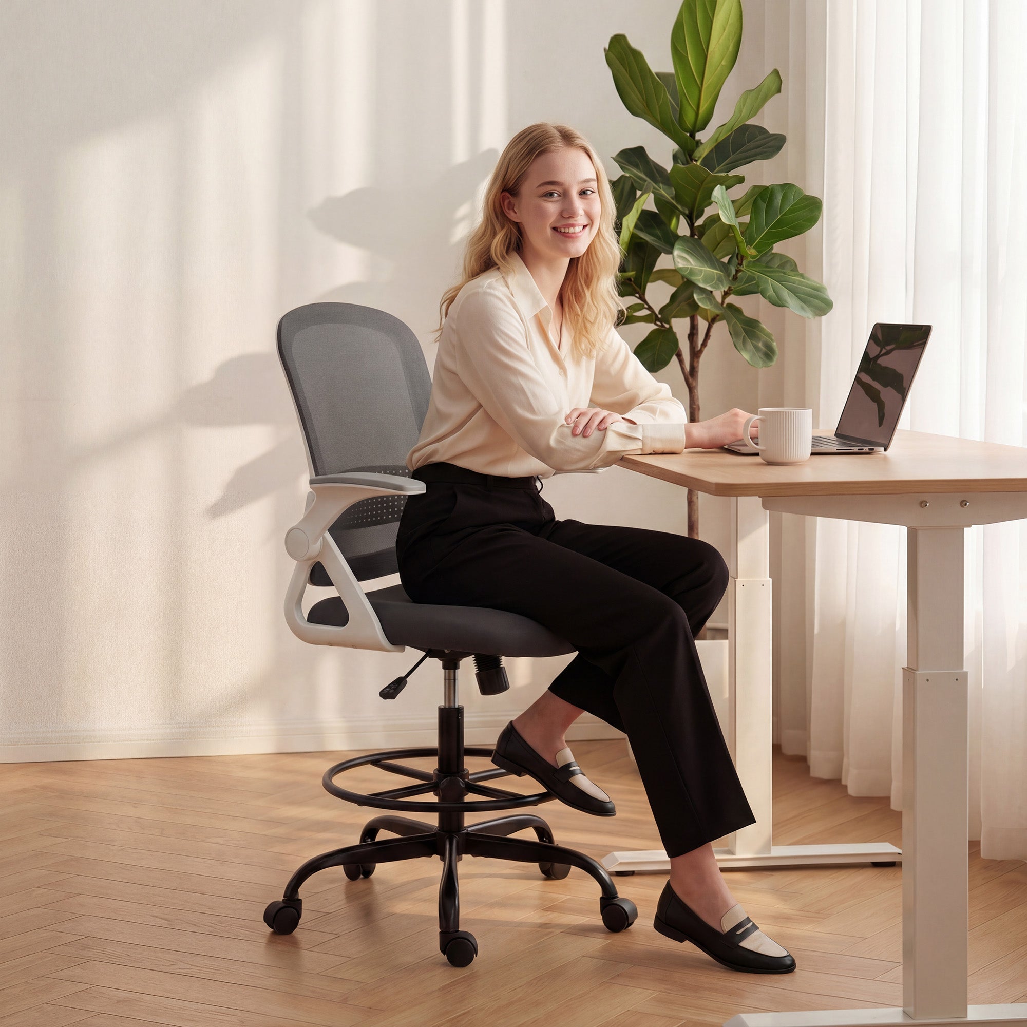 HOMCOM Painting Chair, Mesh Computer Desk Chair with Flip-up Armrests, Grey 