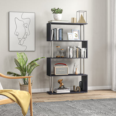 HOMCOM S Shape Bookcase, 5 Tiers Bookshelf, Modern Freestanding Storage Shelf for Home Office, Study, Living Room, 80 x 30 x 145cm Black 