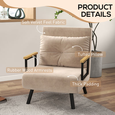 HOMCOM 4-in-1 Velvet-Feel Single Chair Bed, with Pillow - Beige 