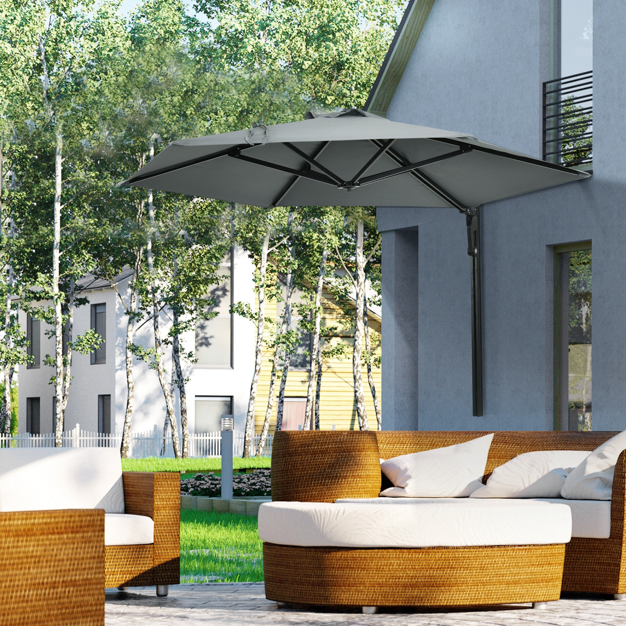 Outsunny 2.5m Wall Mounted Parasol, Hand to Push Outdoor Patio Umbrella with 180 Degree Rotatable Canopy for Porch, Deck, Garden, 250 cm, Grey 