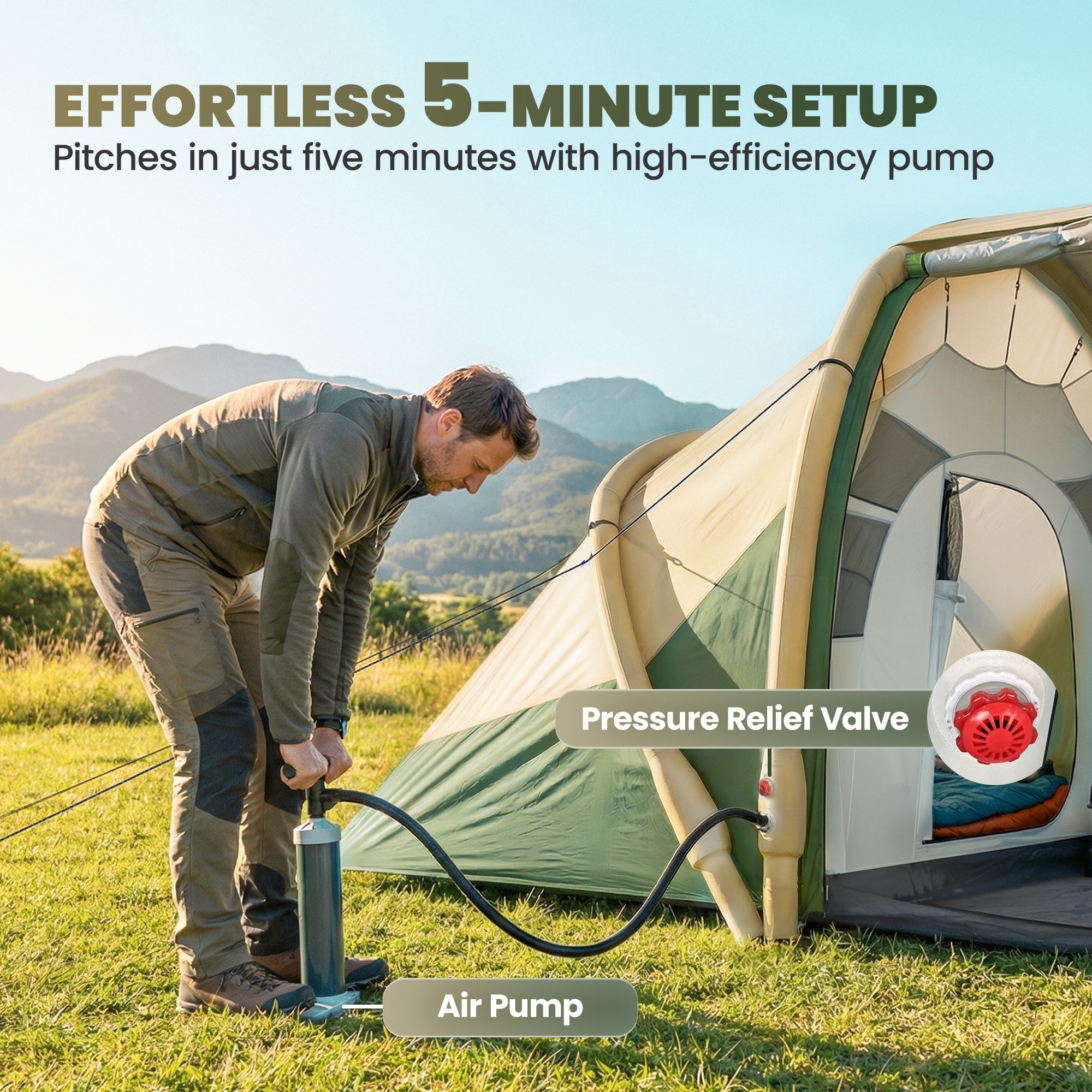 Outsunny Inflatable Tent 2 Bedroom 3000mm Waterproof Windproof Air Tent with Carry Bag for 4 Person 