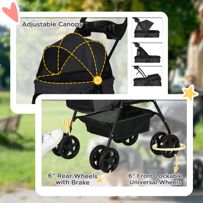 PawHut Dog Pram Dog Stroller Foldable Pet Pushchair with 4 Wheels, Safety Leashes, Cup Holder for Small Dogs, Black 