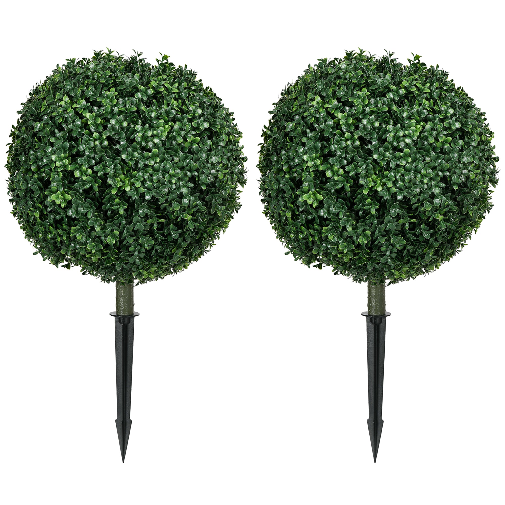 HOMCOM Artificial Boxwood Trees w/ Ground Stake, Set of 2 Ball Shaped Topiary Trees for Home Office & Living Room, UV Resistant 