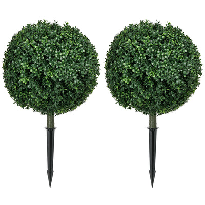 HOMCOM Artificial Boxwood Trees w/ Ground Stake, Set of 2 Ball Shaped Topiary Trees for Home Office & Living Room, UV Resistant 