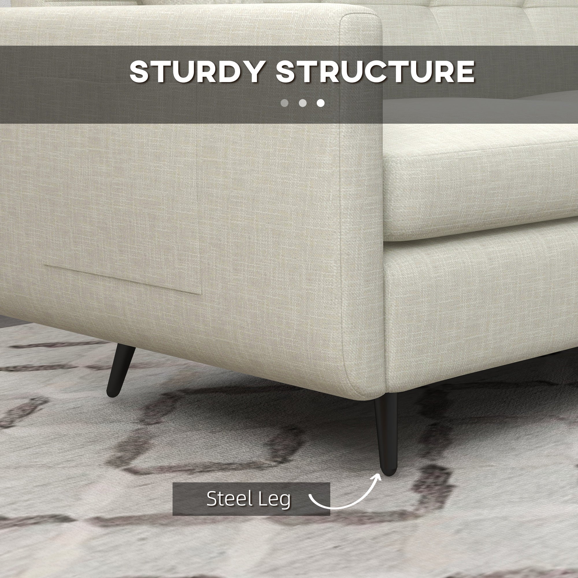 HOMCOM 165cm 3 Seater Sofa for Living Room, Modern Fabric Couch, Tufted Small Couch Sofa Settee with Steel Legs and 2 Storage Pockets for Bedroom and Home Office, Beige 