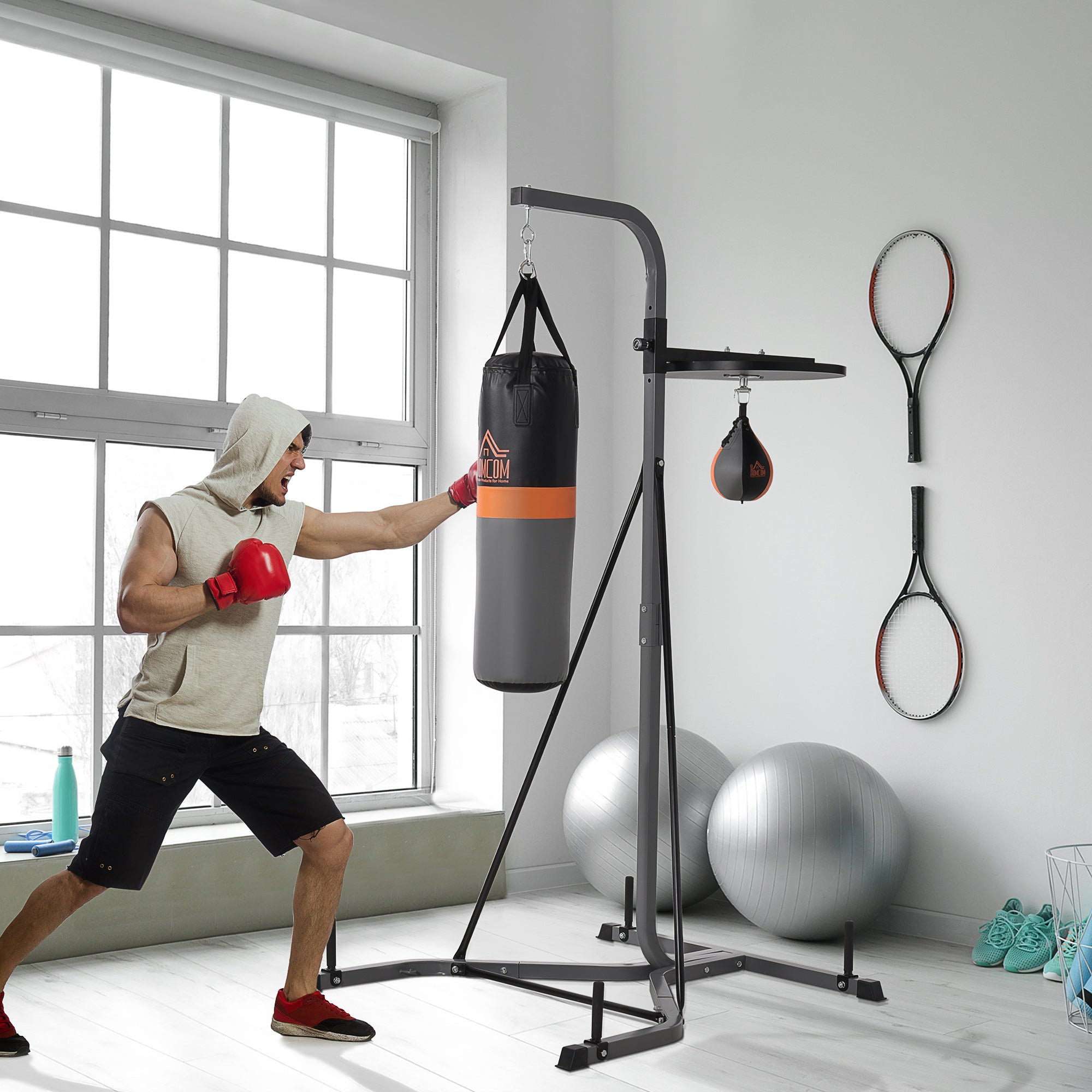 HOMCOM Freestanding Boxing Punch Bag & Speed Ball Station Hanging Frame Training Exercise Platform Home Gym Heavy Duty, Grey 