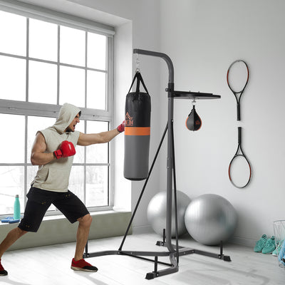 HOMCOM Freestanding Boxing Punch Bag & Speed Ball Station Hanging Frame Training Exercise Platform Home Gym Heavy Duty, Grey 