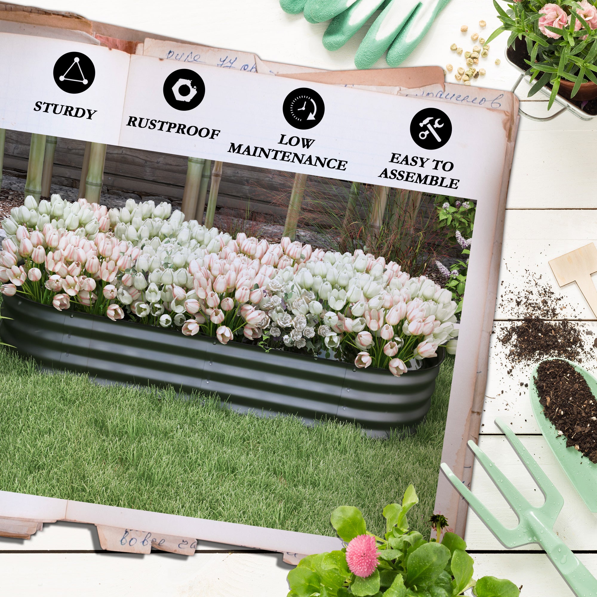 Outsunny Galvanised Raised Garden Bed, Metal Planter Box with Safety Edging, for Flowers, Herbs, Succulents, Dark Grey 