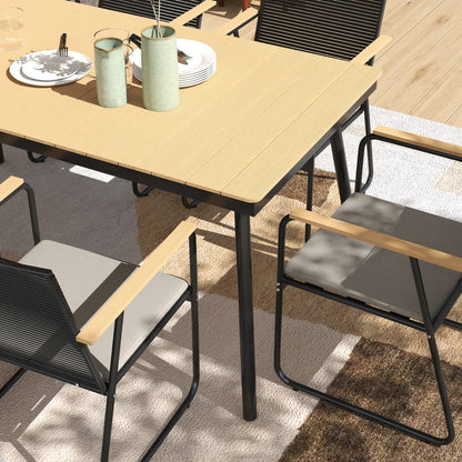 Outsunny 6 Seater Garden Dining Set with Soft Cushions, Rattan Backrest, Rectangular Plastic Top, Garden Furniture Set, Outdoor Dining Table and Chairs for Patio, Balcony, Poolside, Nature Wood Finish 