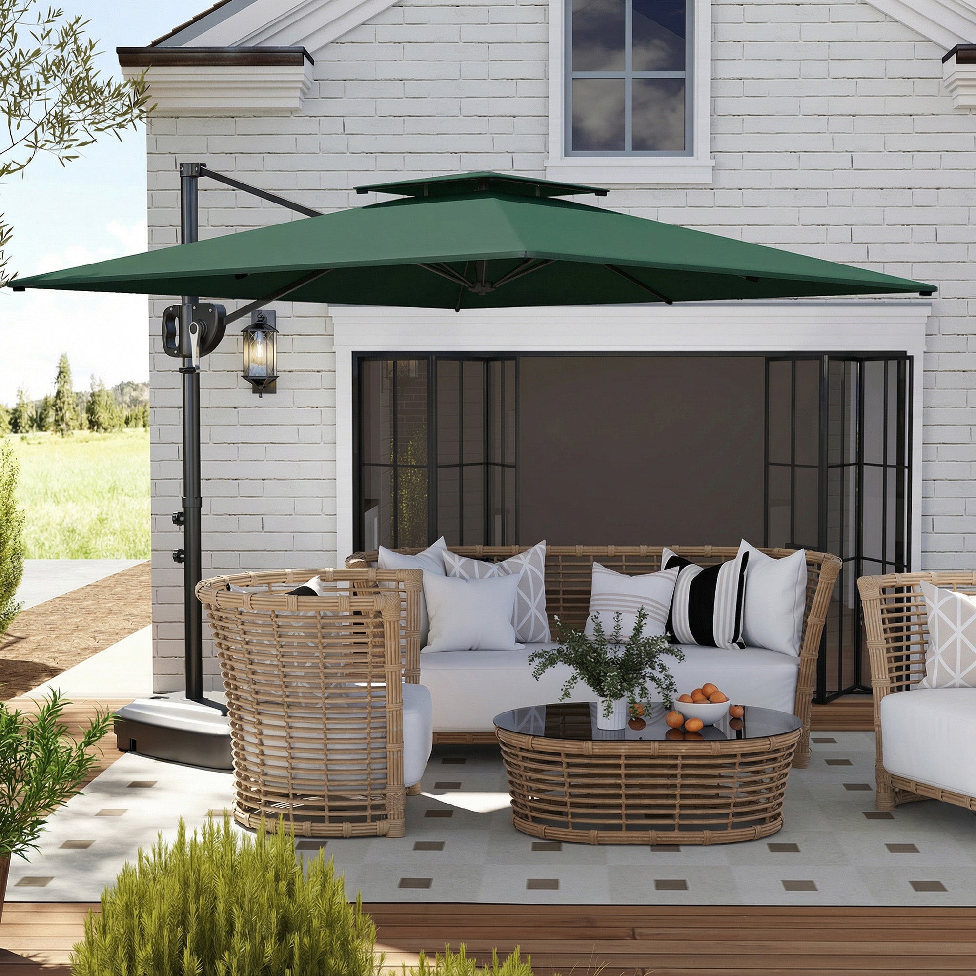 Outsunny Cantilever Parasol with Weighted Base Double Top Garden Parasol Square Hanging Patio Umbrella with Crank Tilt Dark Green 