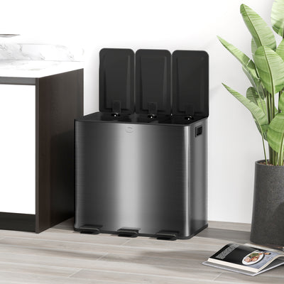 HOMCOM 3 x 15L Pedal Bin, Steel Triple Kitchen Bin with Soft Close Lid, Removable Inner Buckets, Fingerprint-Proof, Black 
