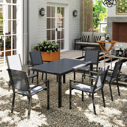 Outsunny 7 Piece Garden Dining Set, Outdoor Furniture Set with 6 Stackable Chairs and 150 cm Rectangle Table, WPC Slatted Top, Rust-Resistant Steel Frame, for Garden, Porch, Terrace 