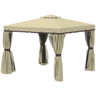 Outsunny 3 x 3(m) Patio Gazebo Canopy Garden Pavilion Tent Shelter with 2 Tier Water Repellent Roof, Mosquito Netting and Curtains, Aluminium Frame, Beige 