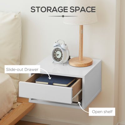 HOMCOM 2 Pieces Bedside Table Wall Mounted Nightstand with Drawer and Shelf for Bedroom, 37 x 32 x 21cm, High Gloss White 
