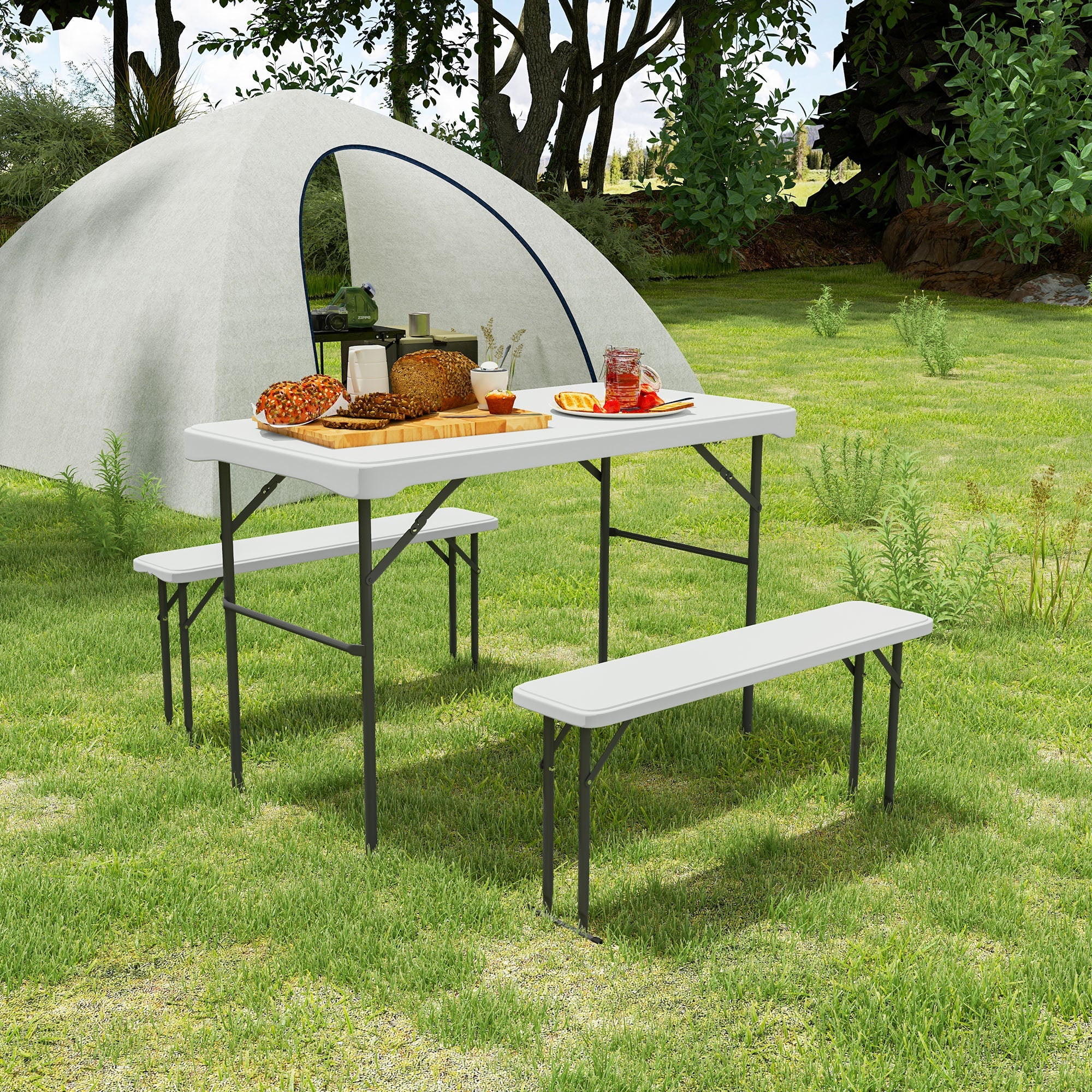 Outsunny 3 Piece 4ft Folding Picnic Table and Bench Set, Portable HDPE Camping Table and Chairs with Carrying Handle for Indoor Outdoor, Dining, Camping, Picnic, BBQ, Party, Light Grey 