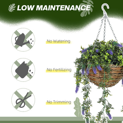 HOMCOM Set of 2 Decorative Artificial Plants, Faux Silk Lavender Flowers in Hanging Baskets, Fake Plants for Home Indoor Outdoor Decor, Purple 