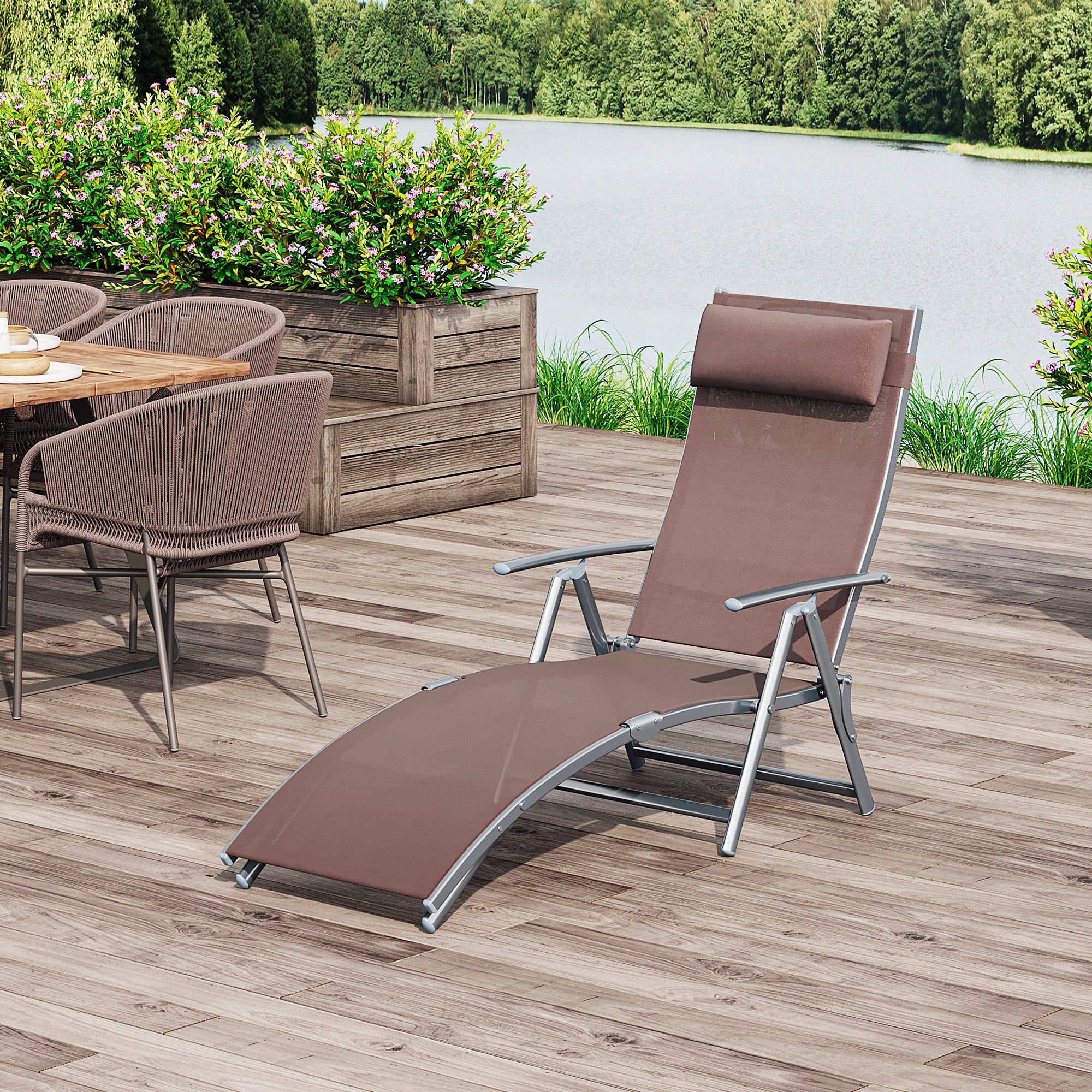 Outsunny Sun Lounger Steel Frame Outdoor Folding Chaise Texteline Lounge Chair Recliner with Headrest & 7 Levels Adjustable Backrest, Brown 