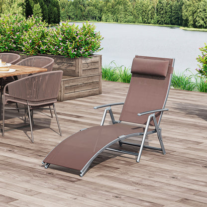 Outsunny Sun Lounger Steel Frame Outdoor Folding Chaise Texteline Lounge Chair Recliner with Headrest & 7 Levels Adjustable Backrest, Brown 