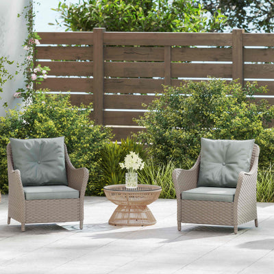 Outsunny Rattan Garden Chairs Set of 2, Outdoor Rattan Chairs with Cushions, Armrests and High Back, PE Wicker Garden Armchair with Steel Frame for Balcony, Porch, Light Grey 