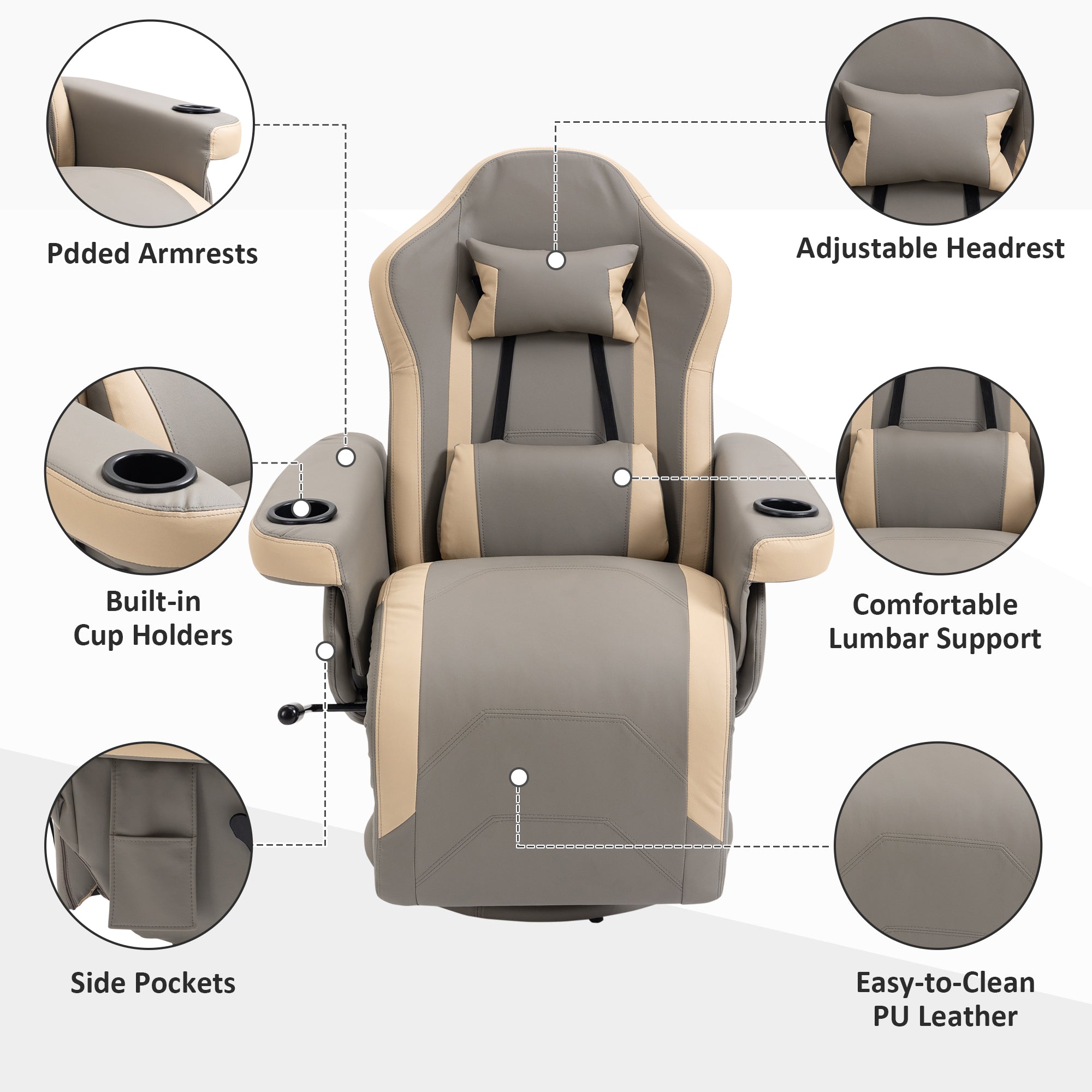 HOMCOM Manual Recliner Armchair PU Leather Lounge Chair w/ Adjustable Leg Rest, 135\'c2\'b0 Reclining Function, 360\'c2\'b0 Swivel, Grey