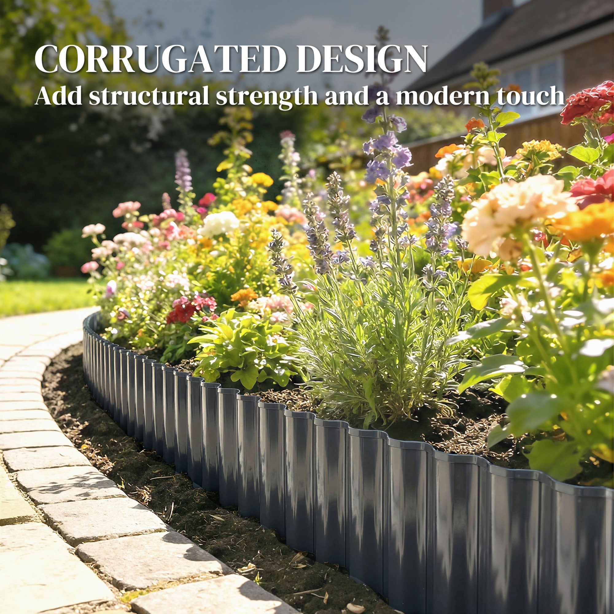 Outsunny Metal Garden Edging Border, 8 in x 21.3 ft Corrugated Heavy Duty Galvanised Steel Lawn Edging, Dark Grey 