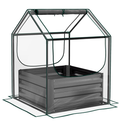 Outsunny Metal Planter Box with Cover, Raised Garden Bed with Greenhouse, for Herbs and Vegetables, Clear and Dark Grey 