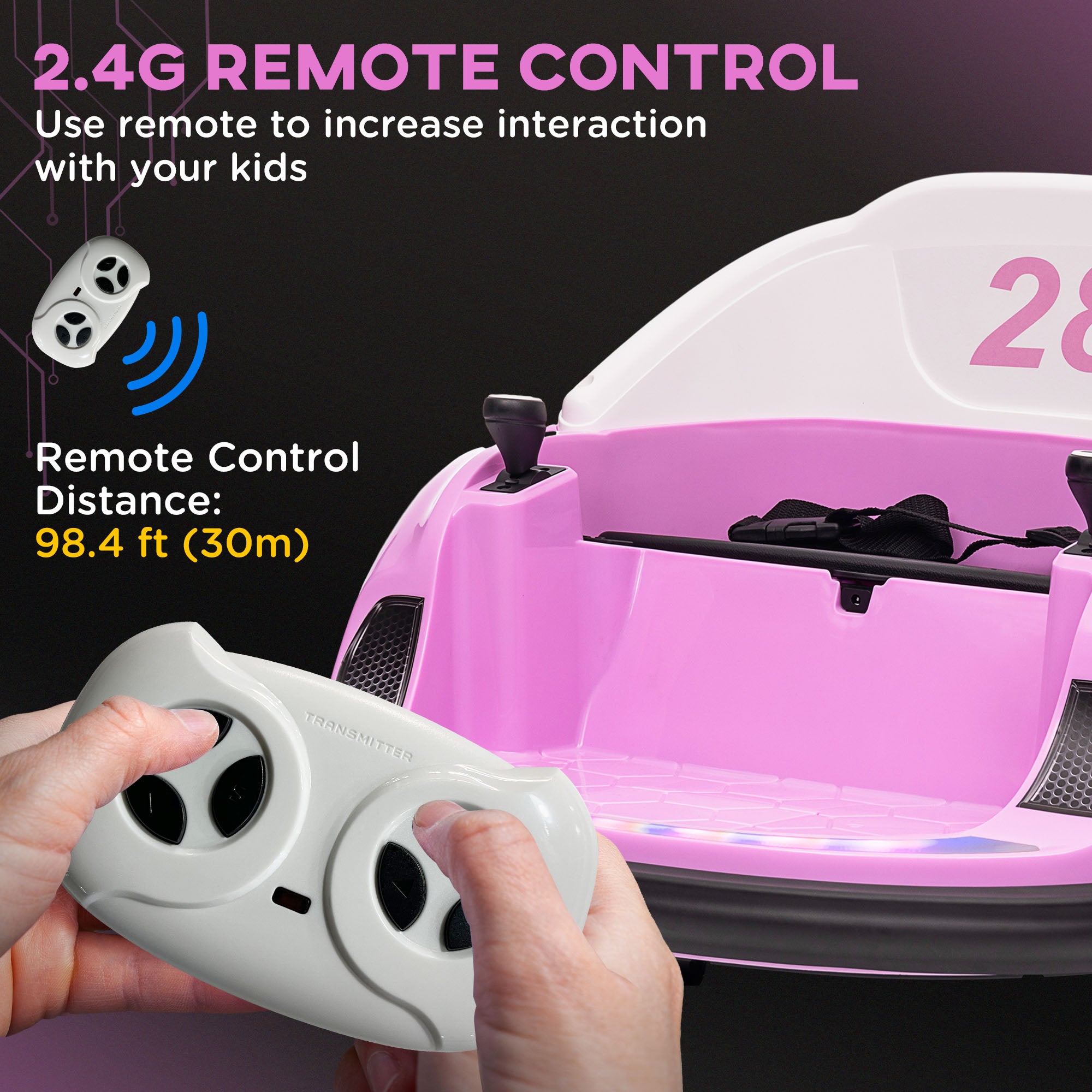 AIYAPLAY 360\'c2\'b0 Rotation Kids Bumper Car, 12V Waltz Car with Remote Control, Dual Joystick, Music, Lights, Pink