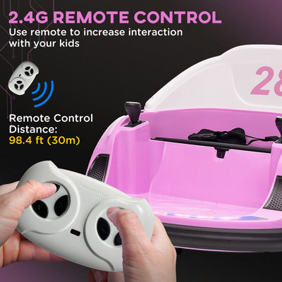 AIYAPLAY 360\'c2\'b0 Rotation Kids Bumper Car, 12V Waltz Car with Remote Control, Dual Joystick, Music, Lights, Pink 