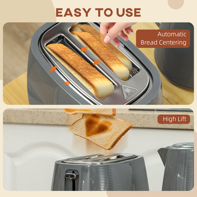 HOMCOM Kettle and Toaster Set, 1.7L 3000W Fast Boil Kettle & 2 Slice Toaster Kitchen Set with 7 Level Browning Controls, Defrost, Reheat, Boil-dry Protection, Grey 