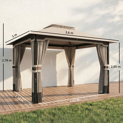 Outsunny 3 x 3.6 m Outdoor Garden Gazebo with Netting and Curtains, Double Roof Patio Gazebo Permanent Pavilion, Khaki 