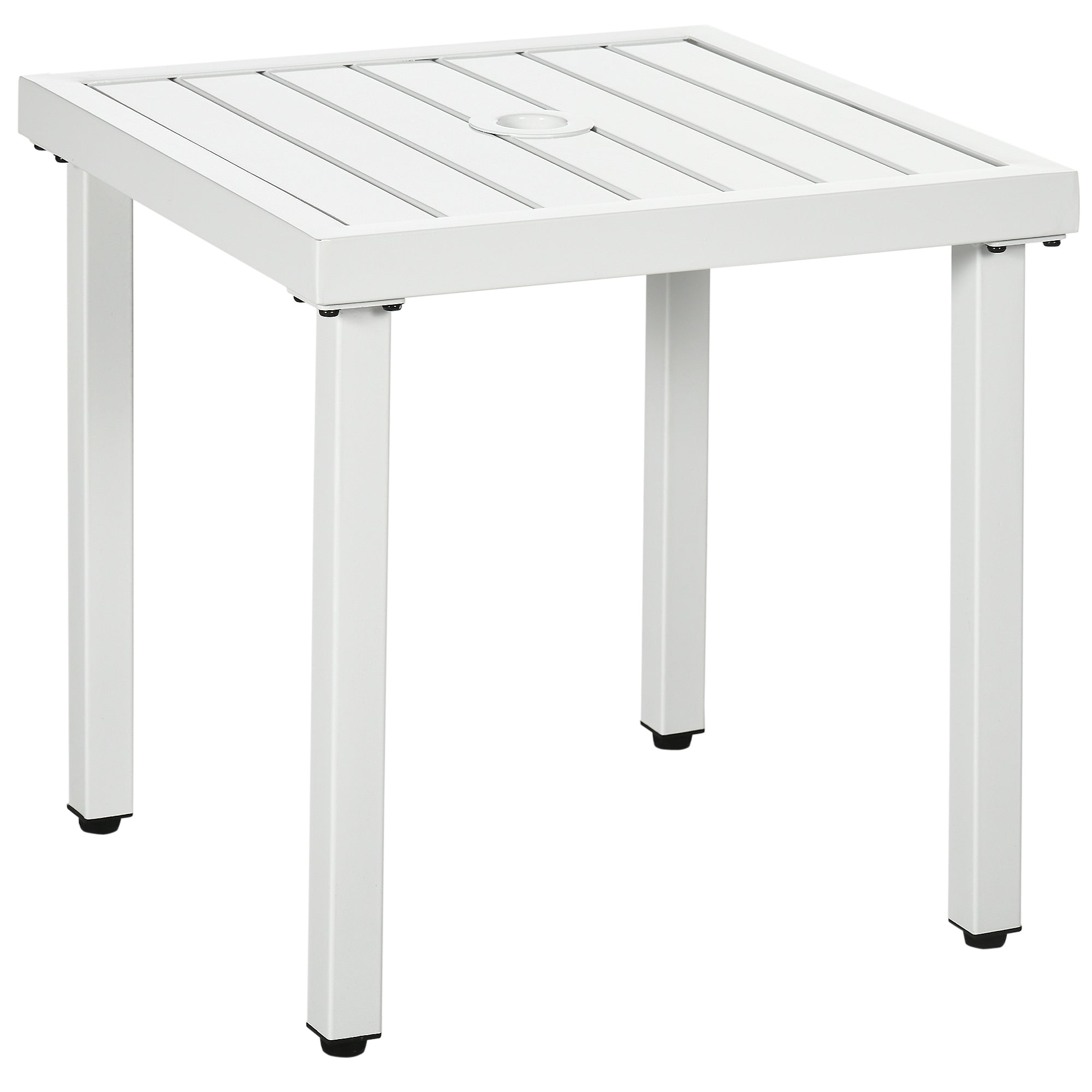 Outsunny Garden Side Table End Table Patio Coffee Table with Umbrella Hole, Steel Frame for Balcony, White 