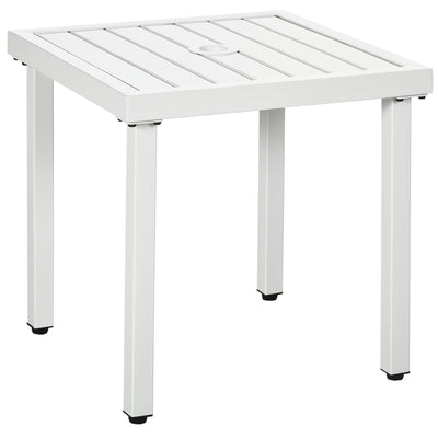 Outsunny Garden Side Table End Table Patio Coffee Table with Umbrella Hole, Steel Frame for Balcony, White 