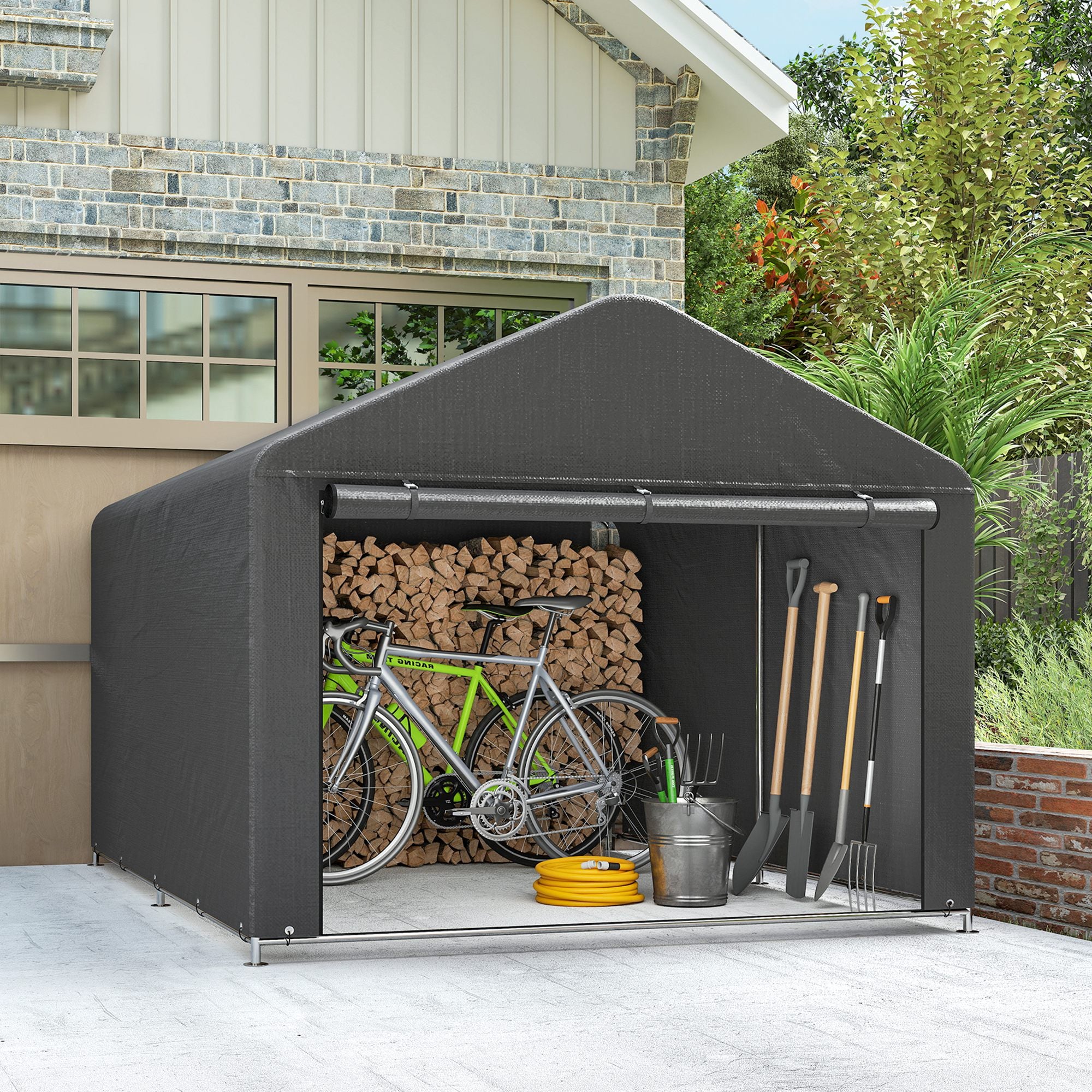Outsunny 6.6 x 7.8ft Outdoor Garden Storage Shed, Waterproof Bike Tent with Roll-up Zipper Door, Galvanised Metal Frame, Portable Shed Shelter Carport for Motorcycle Garden Tools, Dark Grey 