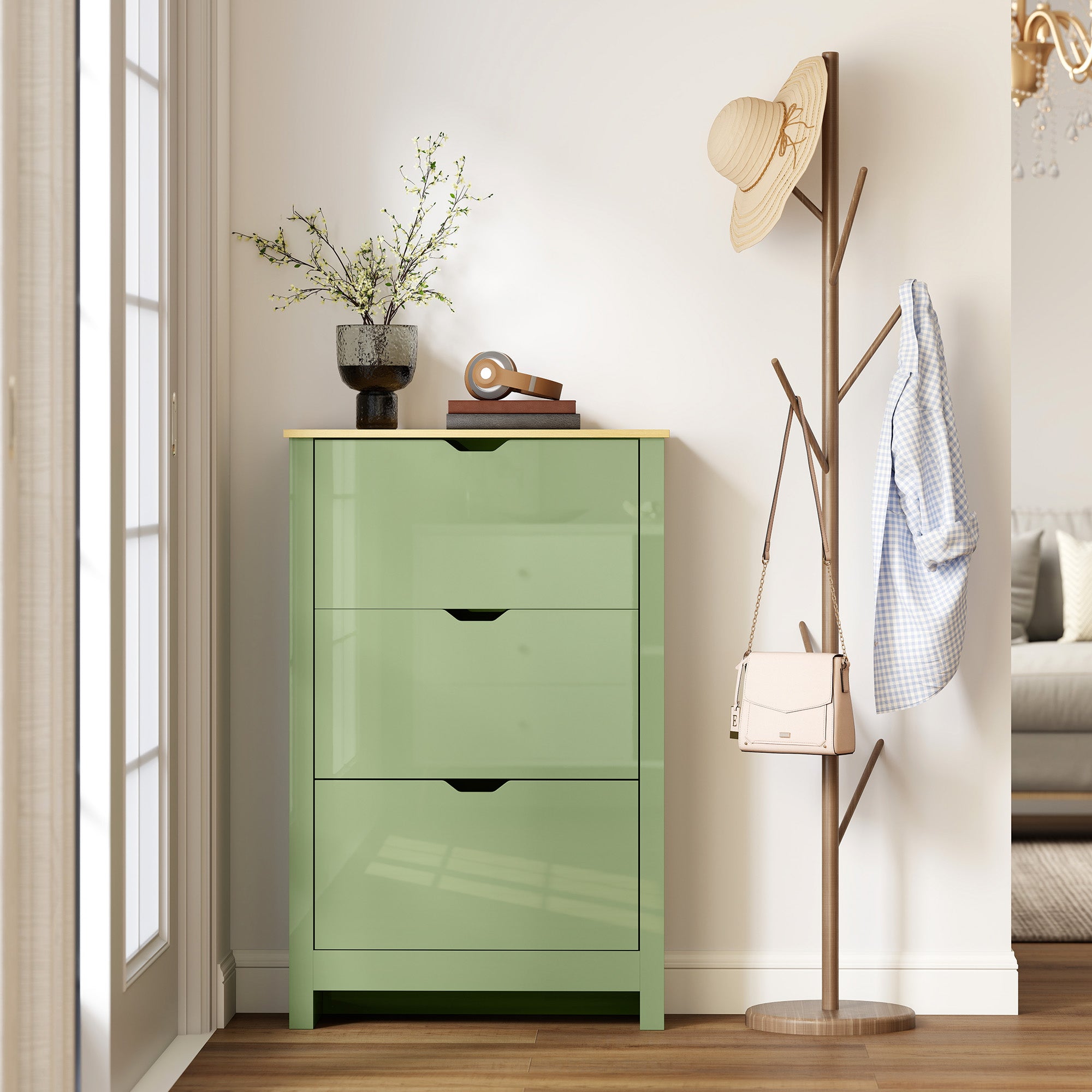 HOMCOM Slim Shoe Cabinet, Narrow Shoe Cupboard with 3 Flip Drawers, Adjustable Shelves for 18 Pairs of Shoes, High Gloss Green 